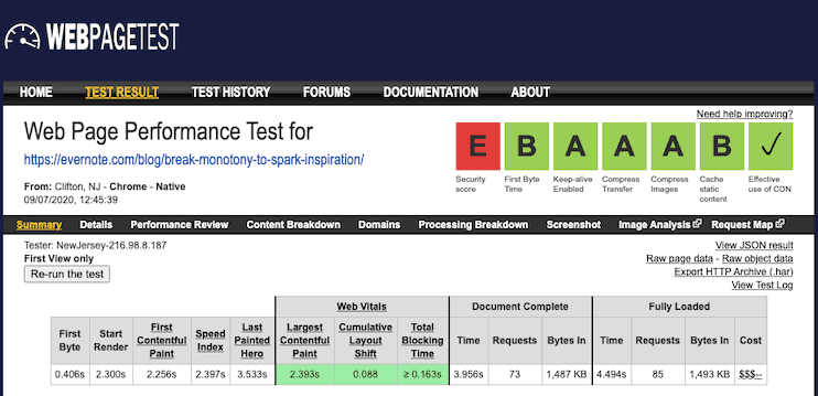 Evernote Blog Core Web Vitals Webpagetest