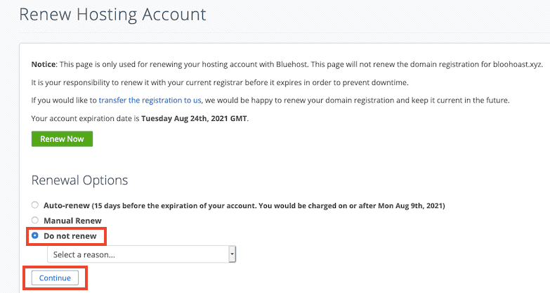 Bluehost Cancel Auto Renewal Step2