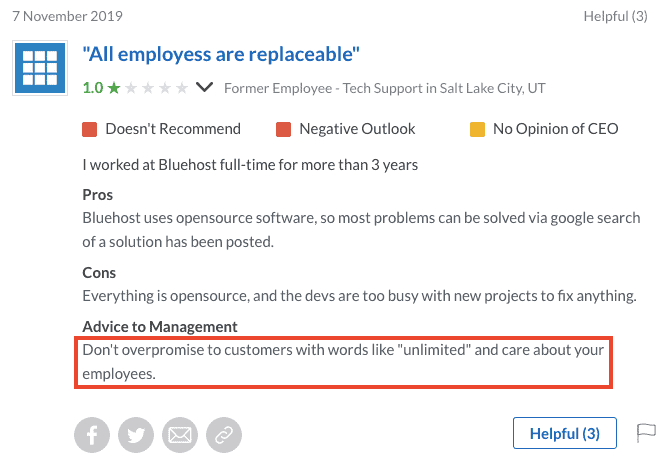 Bluehost Glassdoor Support Review