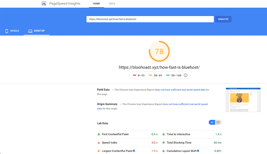 Bluehost Pagespeed Insights Desktop