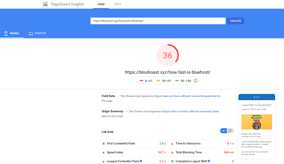 Bluehost Pagespeed Insights Mobile