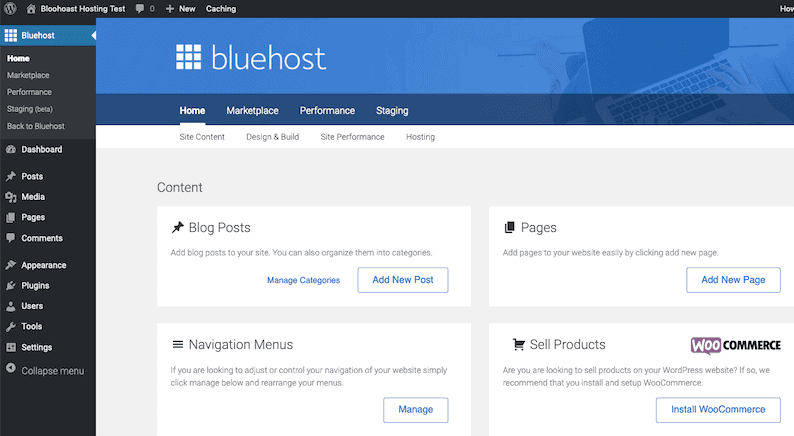 Bluehost WordPress Dashboard