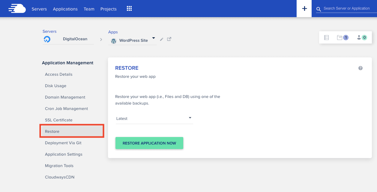 Cloudways Restore Backup