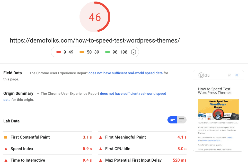 Divi Pagespeed Mobile