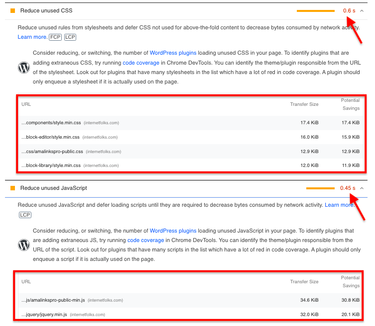 page speed insights remove unused css js