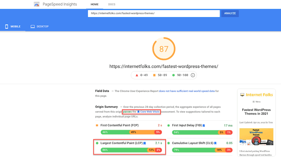 pagespeedinsights pass core web vitals mobile