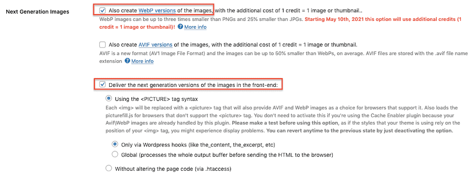 shortpixel webp wordpress settings