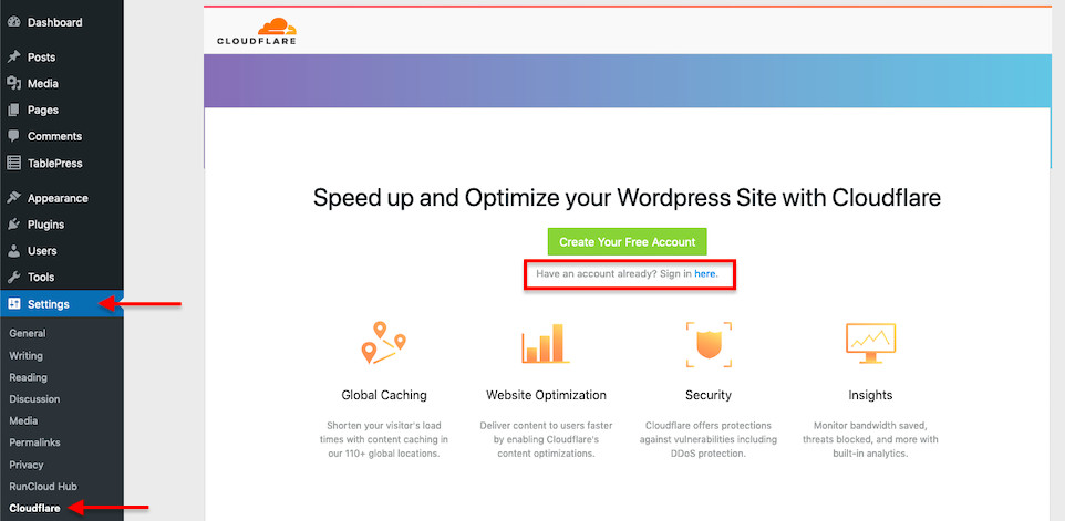 sign in to cloudflare from wordpress