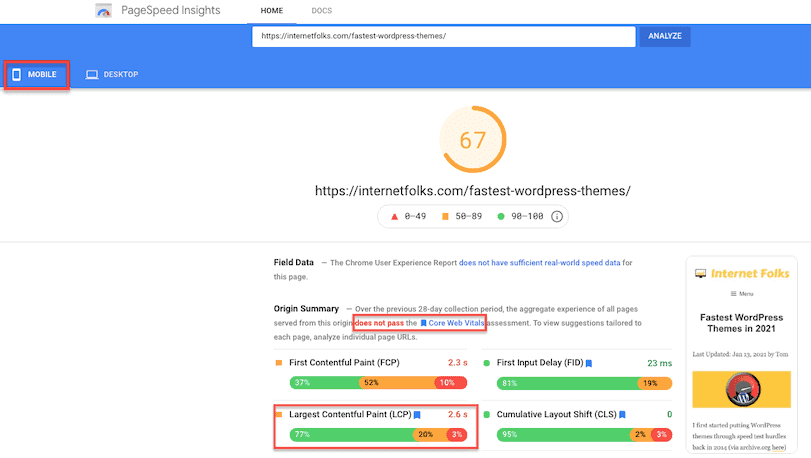 testing lcp in pagespeed insights