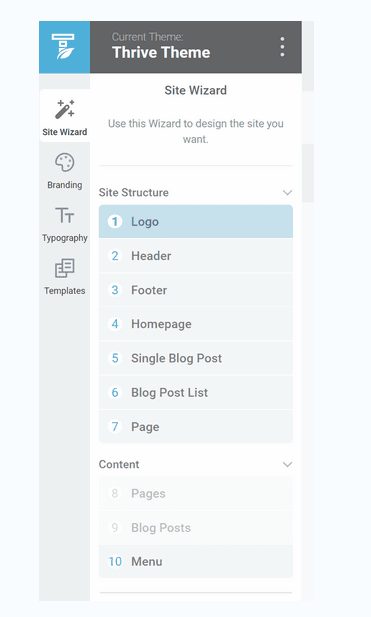Thrive Theme Builder Site Wizard Menu
