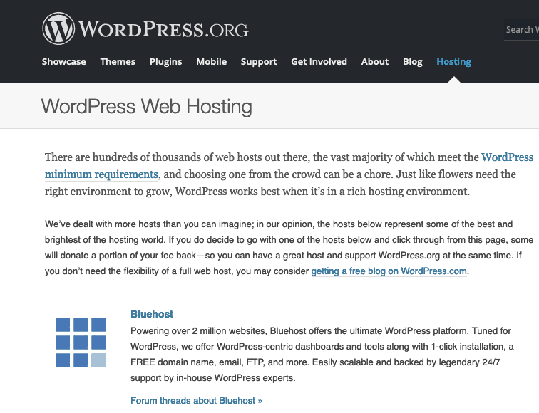 Wordpress Recommends Bluehost